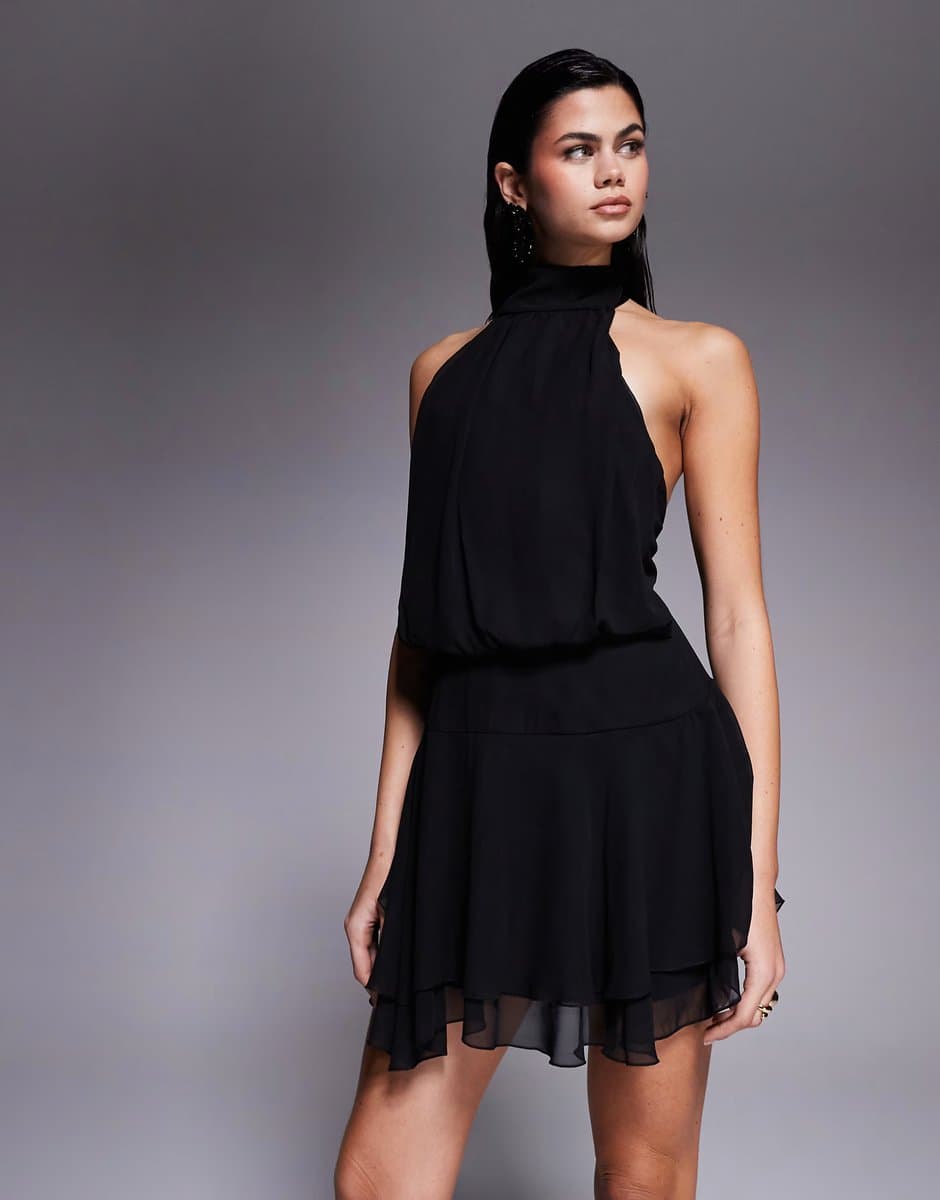 ASOS Fashionkilla exclusive chiffon halterneck foldover detail ruffle skirt mini dress in black