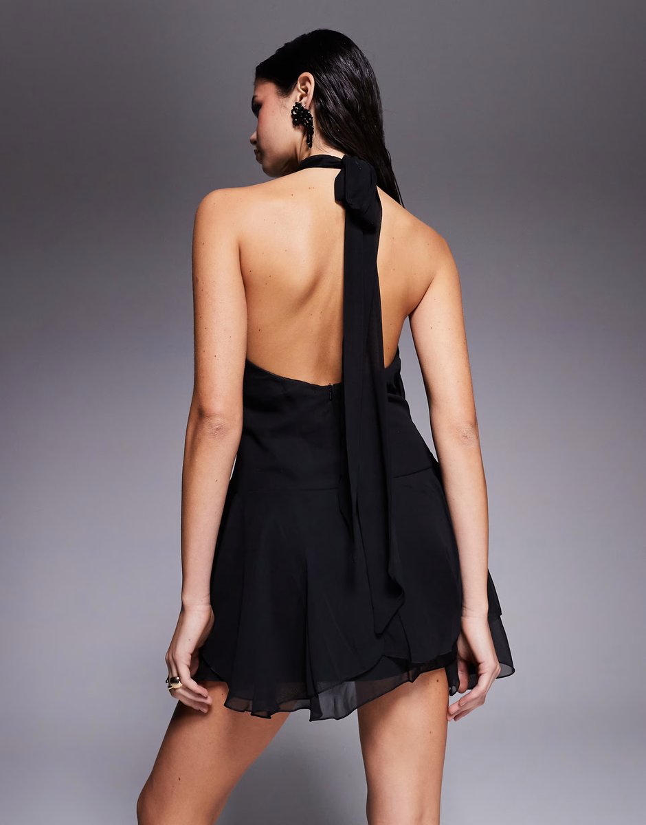 ASOS Fashionkilla exclusive chiffon halterneck foldover detail ruffle skirt mini dress in black - 3