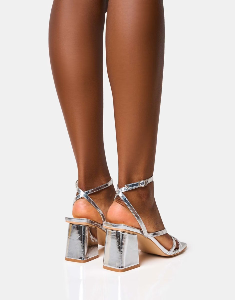 ASOS Public Desire Robin strappy square toe mid block heels in metallic silver - 3