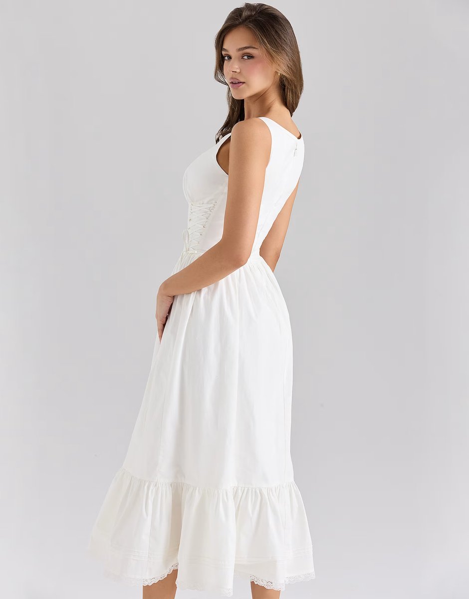 ASOS House of CB Sienna stretch cotton lace up midi dress in white - 3