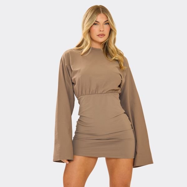 EGO Flared Sleeve Ruched Underbust Seam Detail Mini Dress In Light Brown, Women's Size UK 6 - 1