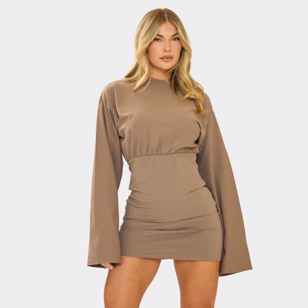EGO Flared Sleeve Ruched Underbust Seam Detail Mini Dress In Light Brown, Women's Size UK 6