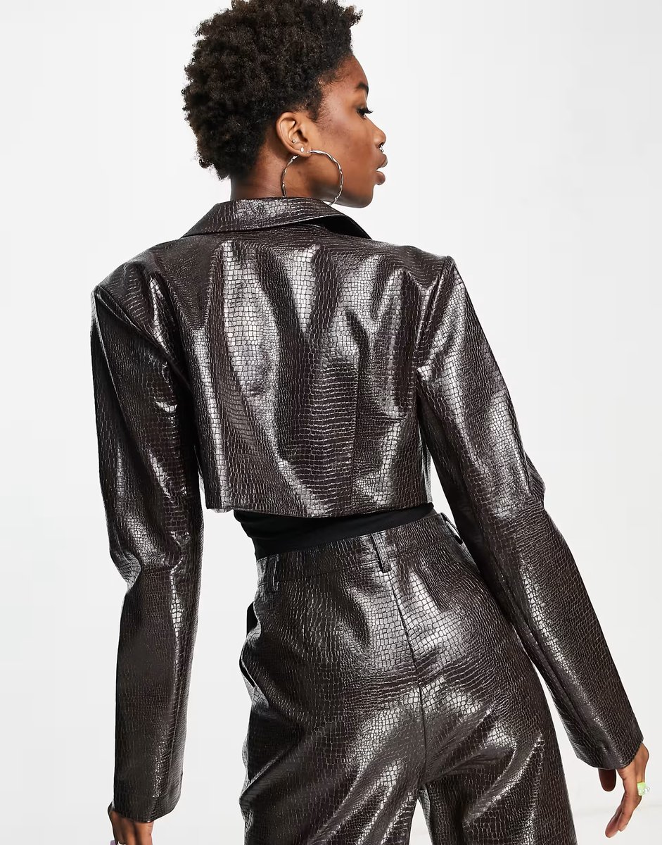 ASOS COLLUSION cropped faux leather jacket in brown co-ord - 3