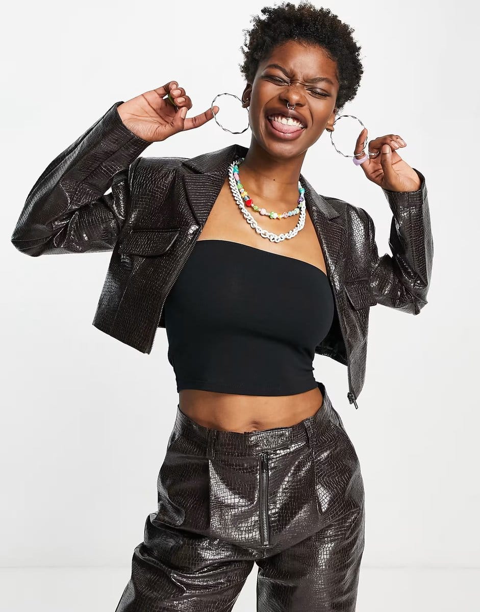 ASOS COLLUSION cropped faux leather jacket in brown co-ord - 4