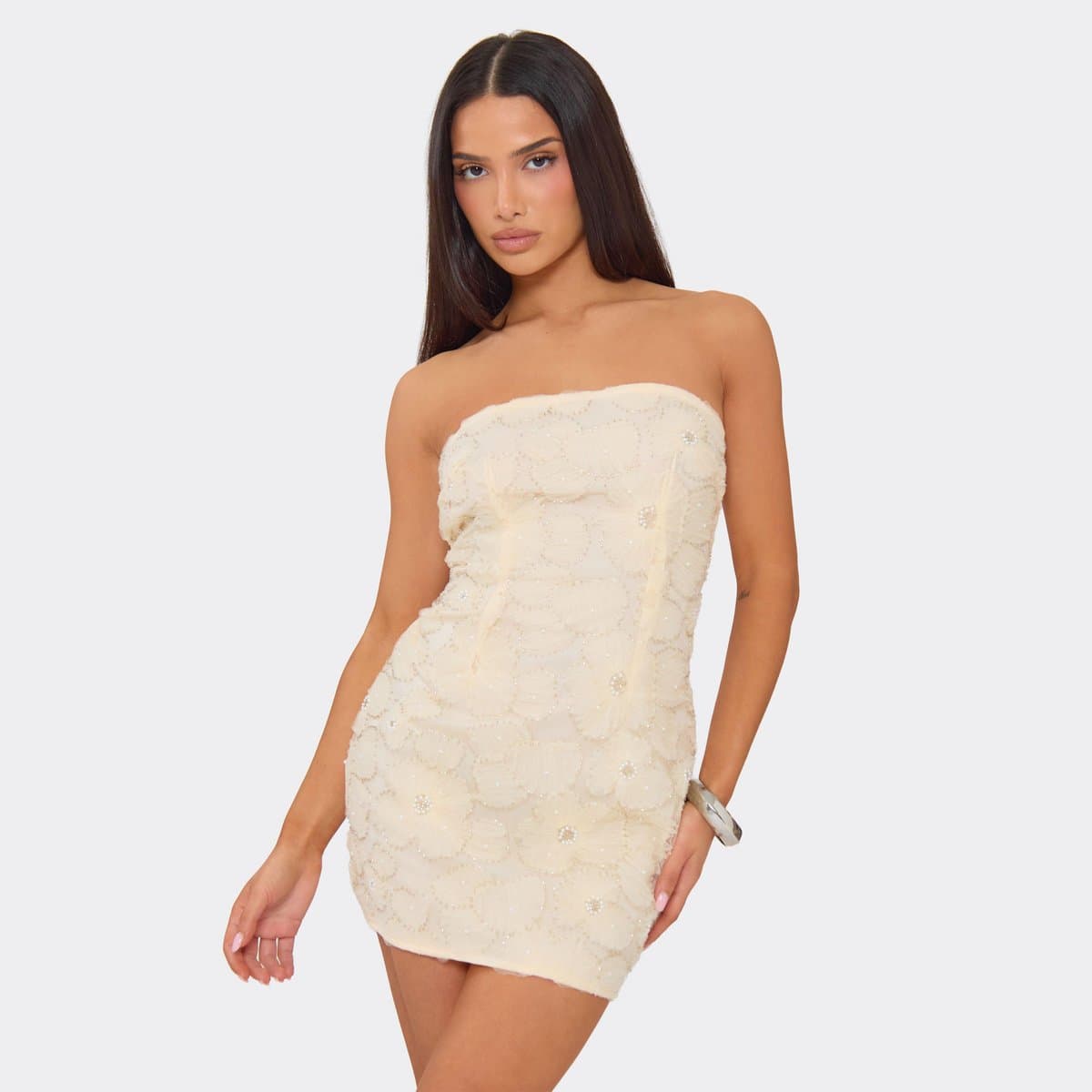 EGO Bandeau Embellished Floral Detail Mini Dress In Yellow, Women's Size UK 6