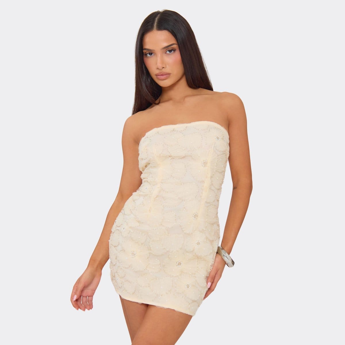 EGO Bandeau Embellished Floral Detail Mini Dress In Yellow, Women's Size UK 6 - 1