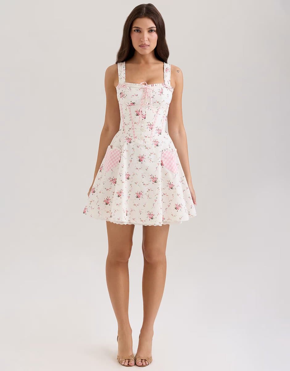 ASOS House of CB Marianella print stretch cotton mini dress in cream rose