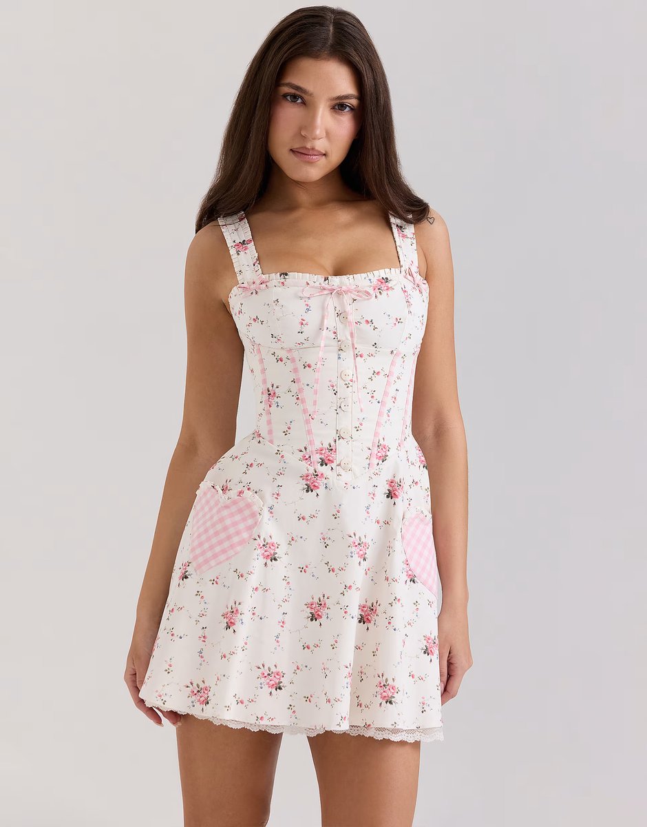 ASOS House of CB Marianella print stretch cotton mini dress in cream rose - 2