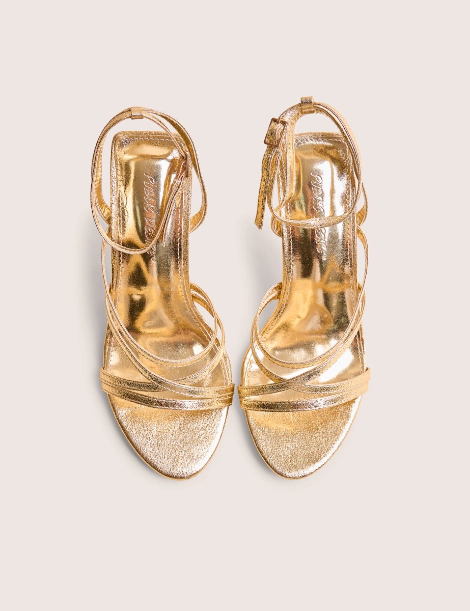 Public Desire Free Spirit Gold Strappy Round Toe Mid Heels - 2