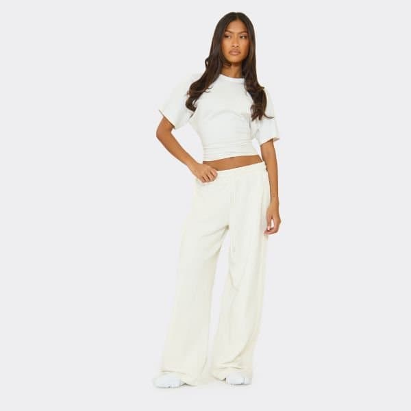 EGO SIDE SEAM STITCH DETAIL WIDE LEG JOGGERS IN CREAM, Women's Size UK 6