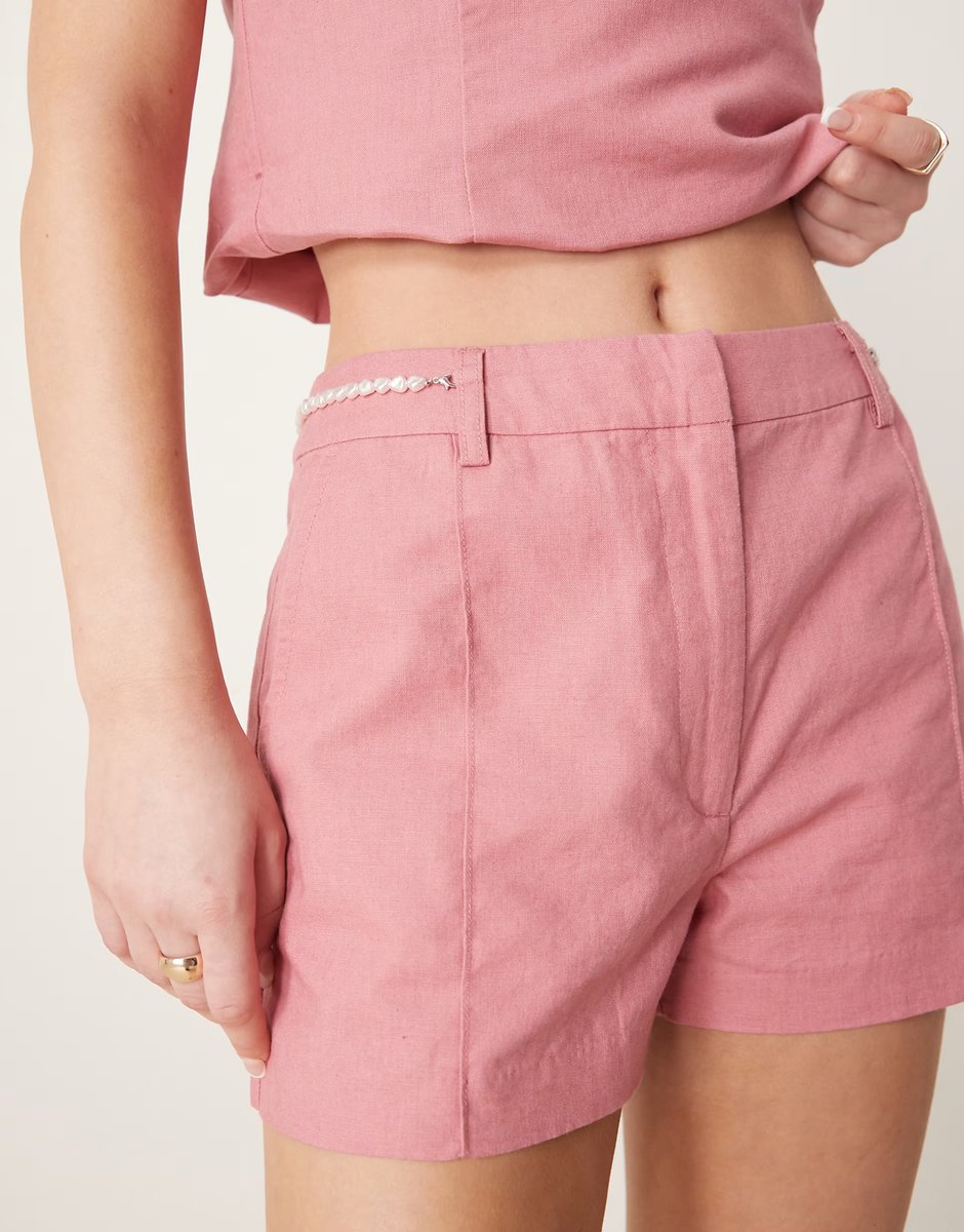 ASOS ASOS DESIGN tailored linen short co-ord with bead detail in pink - 3