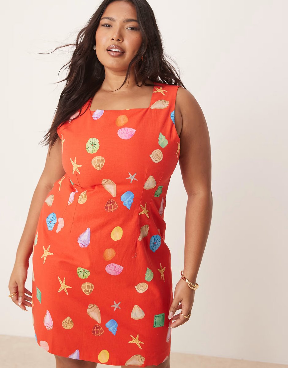 ASOS Never Fully Dressed Plus rainbow shell print mini shift dress in red - 4