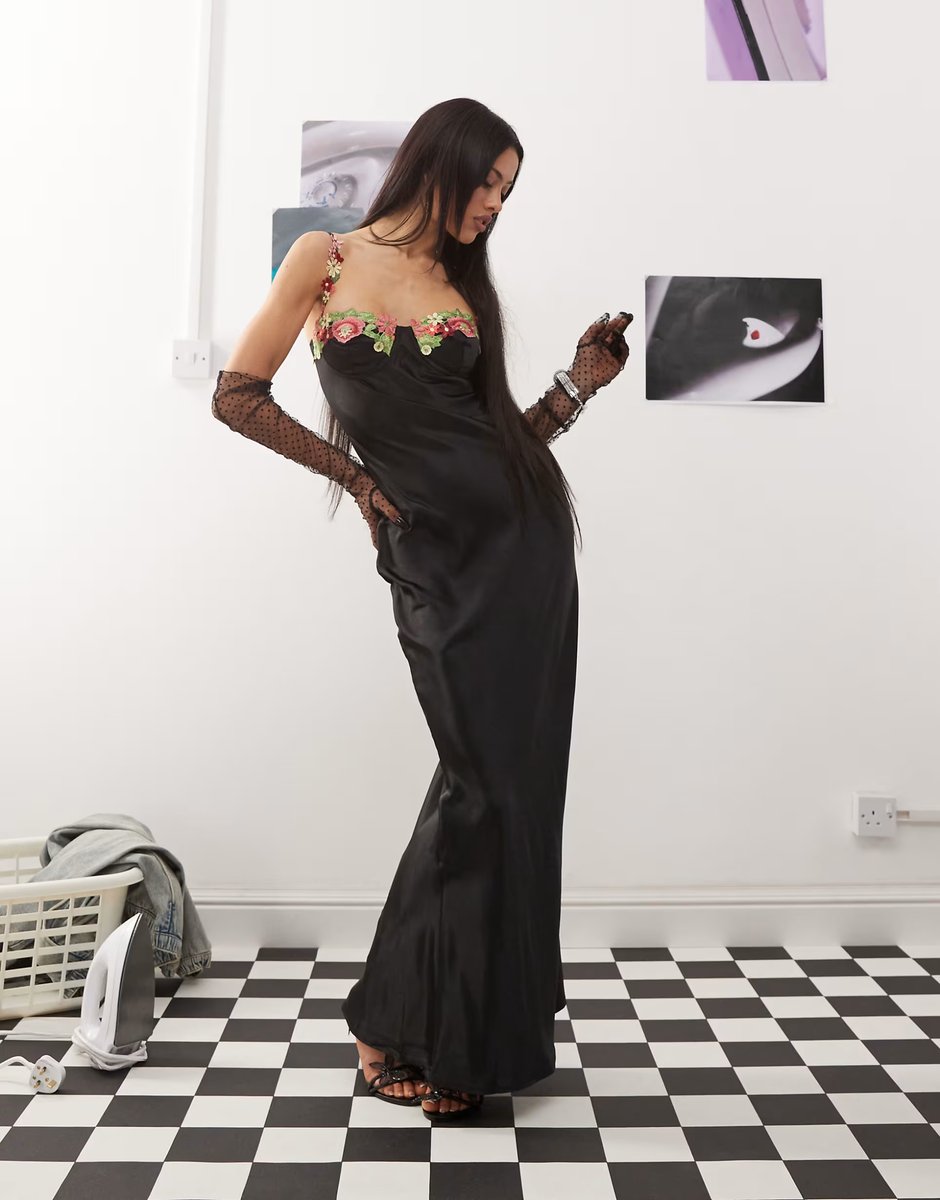 ASOS Princess Polly floral embroidered cami satin maxi slip dress in black - 2