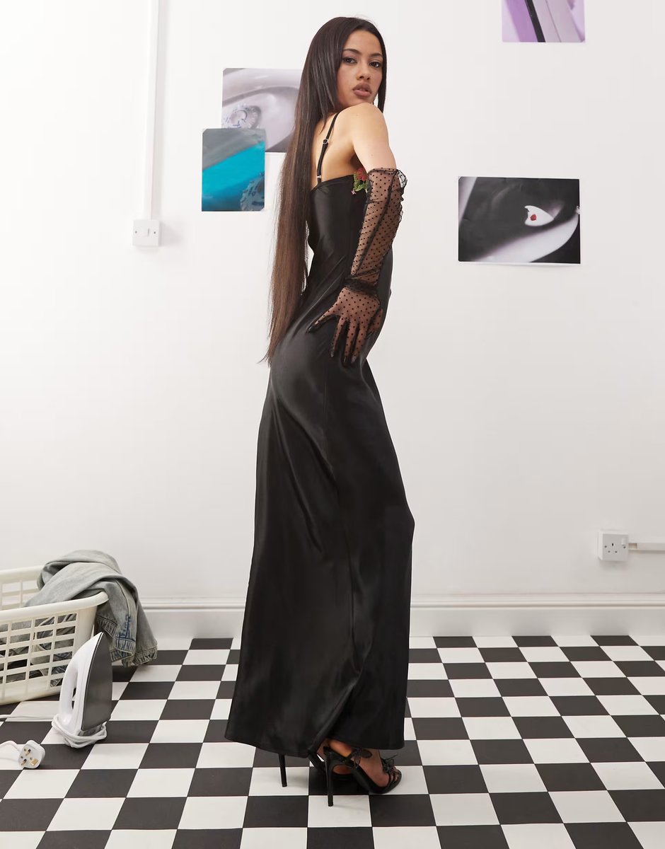 ASOS Princess Polly floral embroidered cami satin maxi slip dress in black - 4