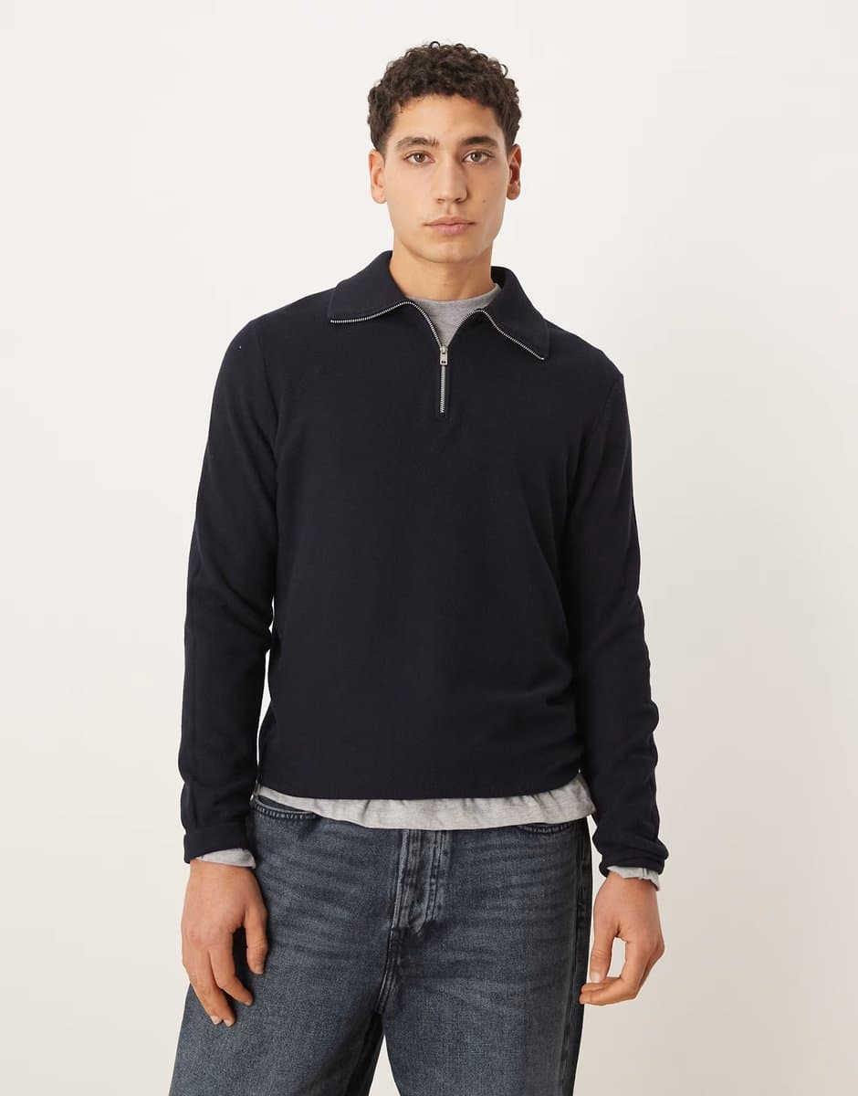 ASOS Mango cotton mix quarter zip knitted polo top in navy