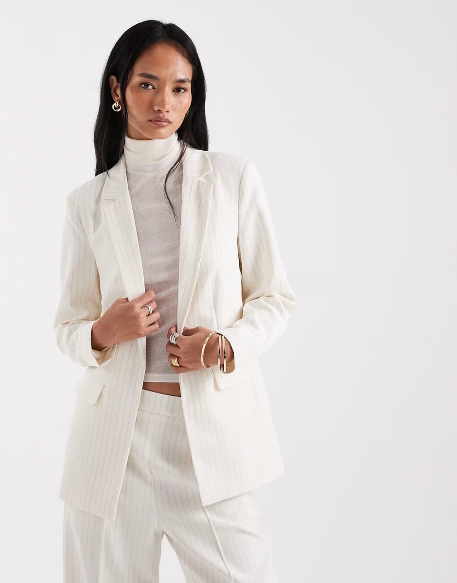 ASOS Pieces tailored oversized blazer co-ord in birch cream pinstripe