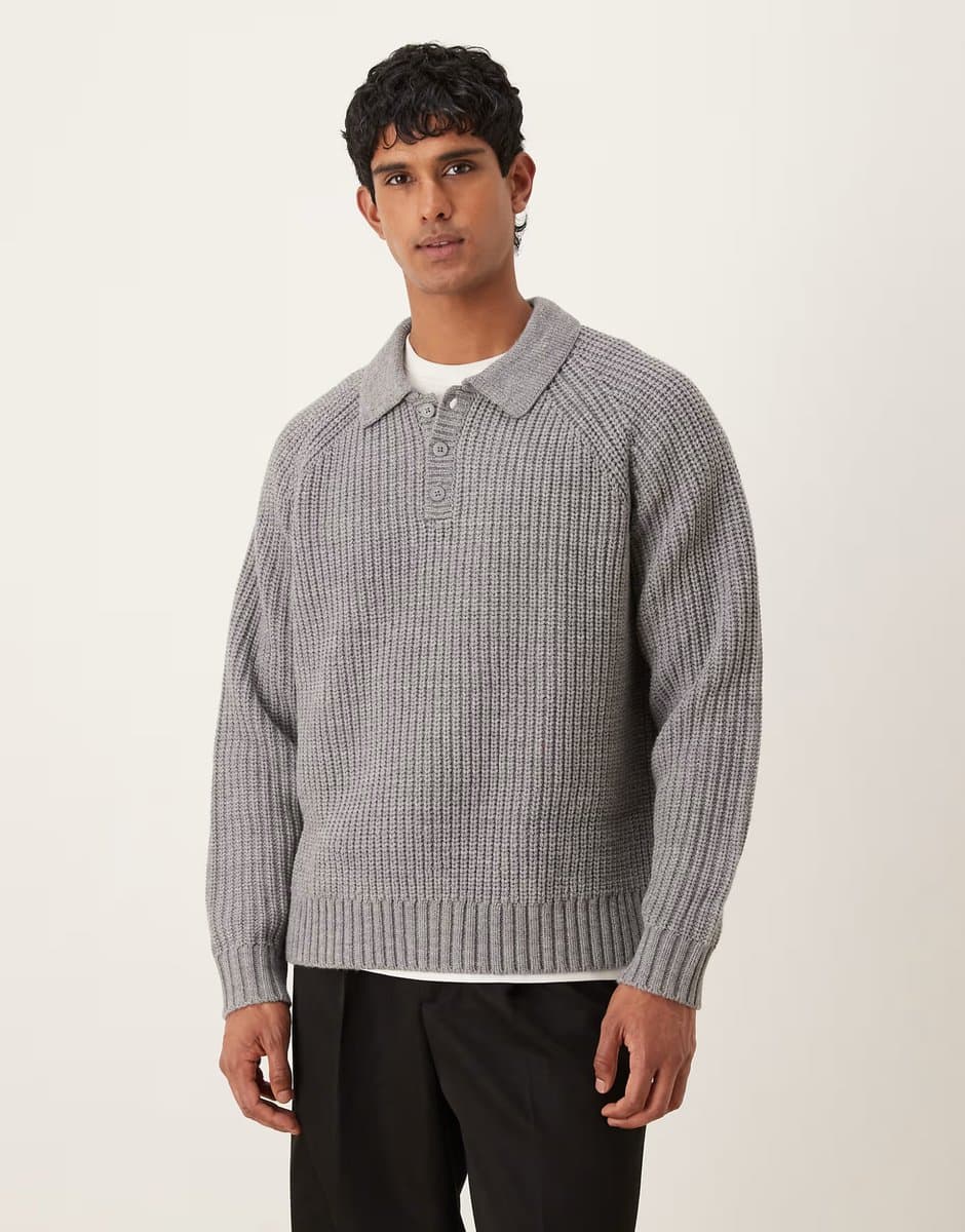 ASOS ASOS DESIGN oversized heavyweight knitted wool blend rib polo jumper in grey marl