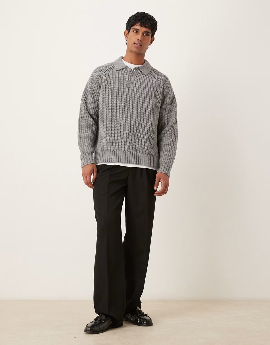 ASOS ASOS DESIGN oversized heavyweight knitted wool blend rib polo jumper in grey marl - 2
