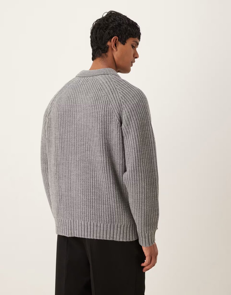 ASOS ASOS DESIGN oversized heavyweight knitted wool blend rib polo jumper in grey marl - 3