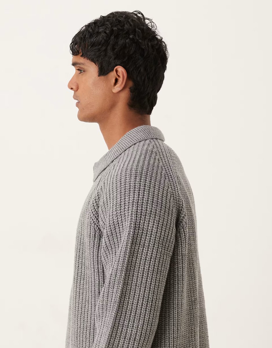 ASOS ASOS DESIGN oversized heavyweight knitted wool blend rib polo jumper in grey marl - 4