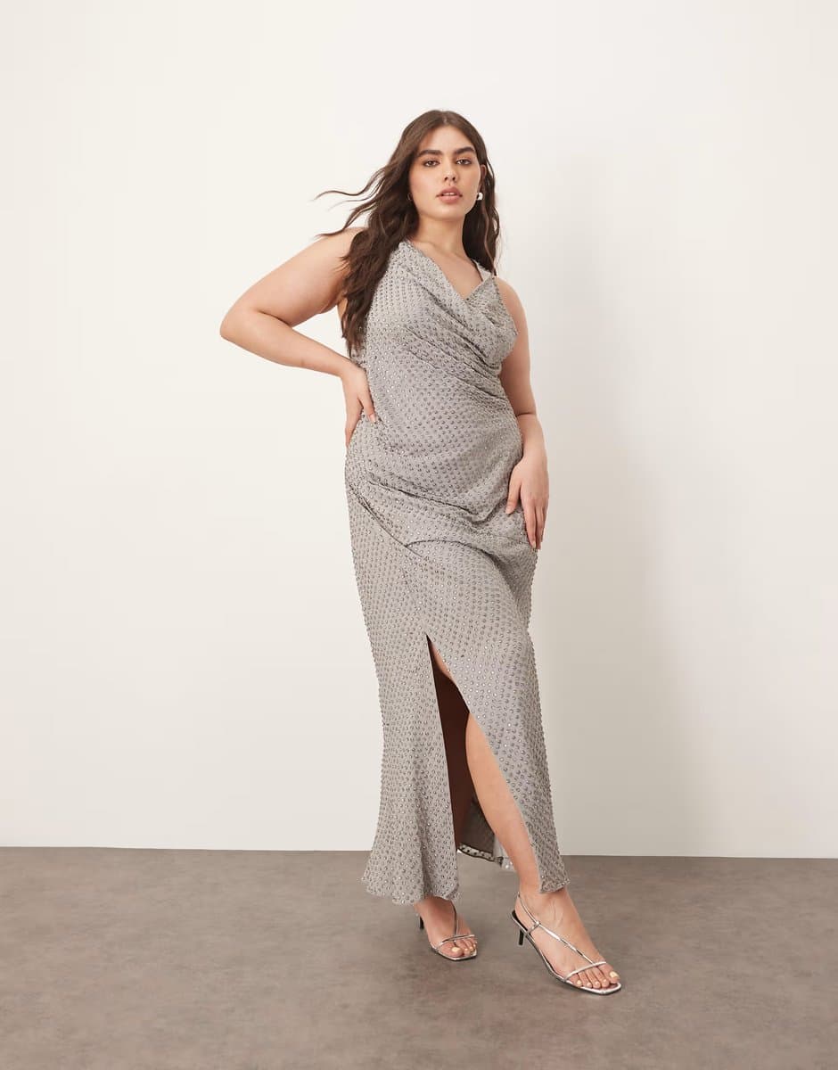 ASOS ARRANGE Curve embellished crystal drape maxi dress with twist detail in silver grey