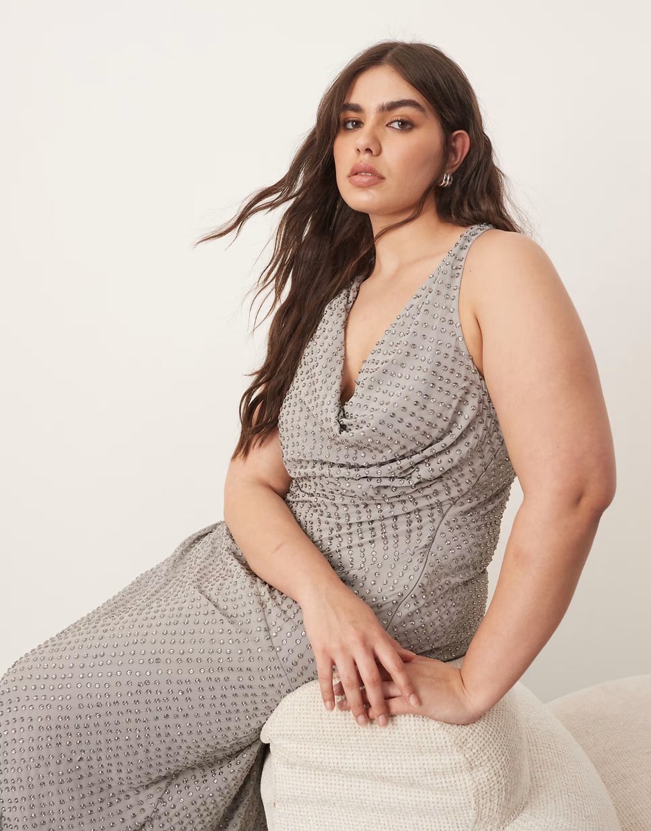 ASOS ARRANGE Curve embellished crystal drape maxi dress with twist detail in silver grey - 3