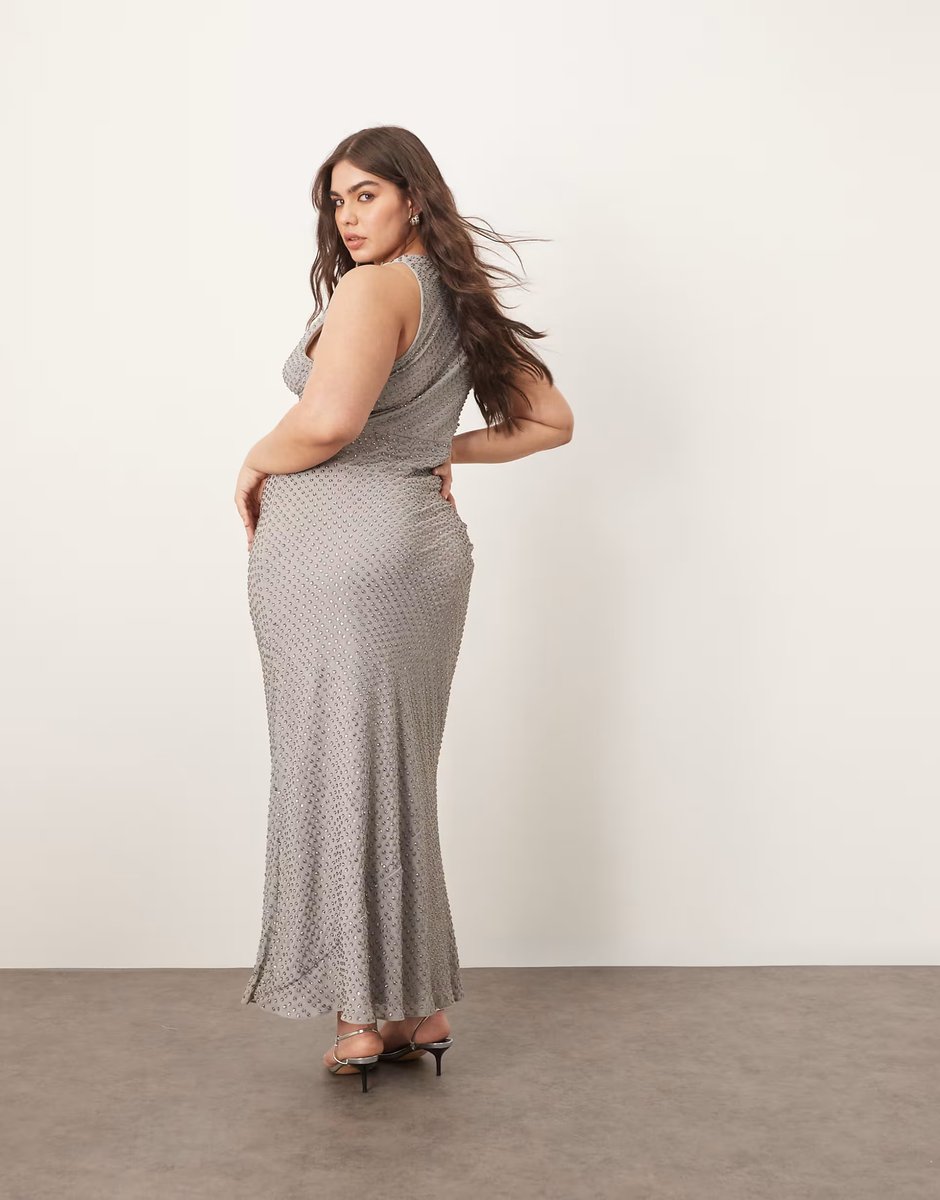 ASOS ARRANGE Curve embellished crystal drape maxi dress with twist detail in silver grey - 4