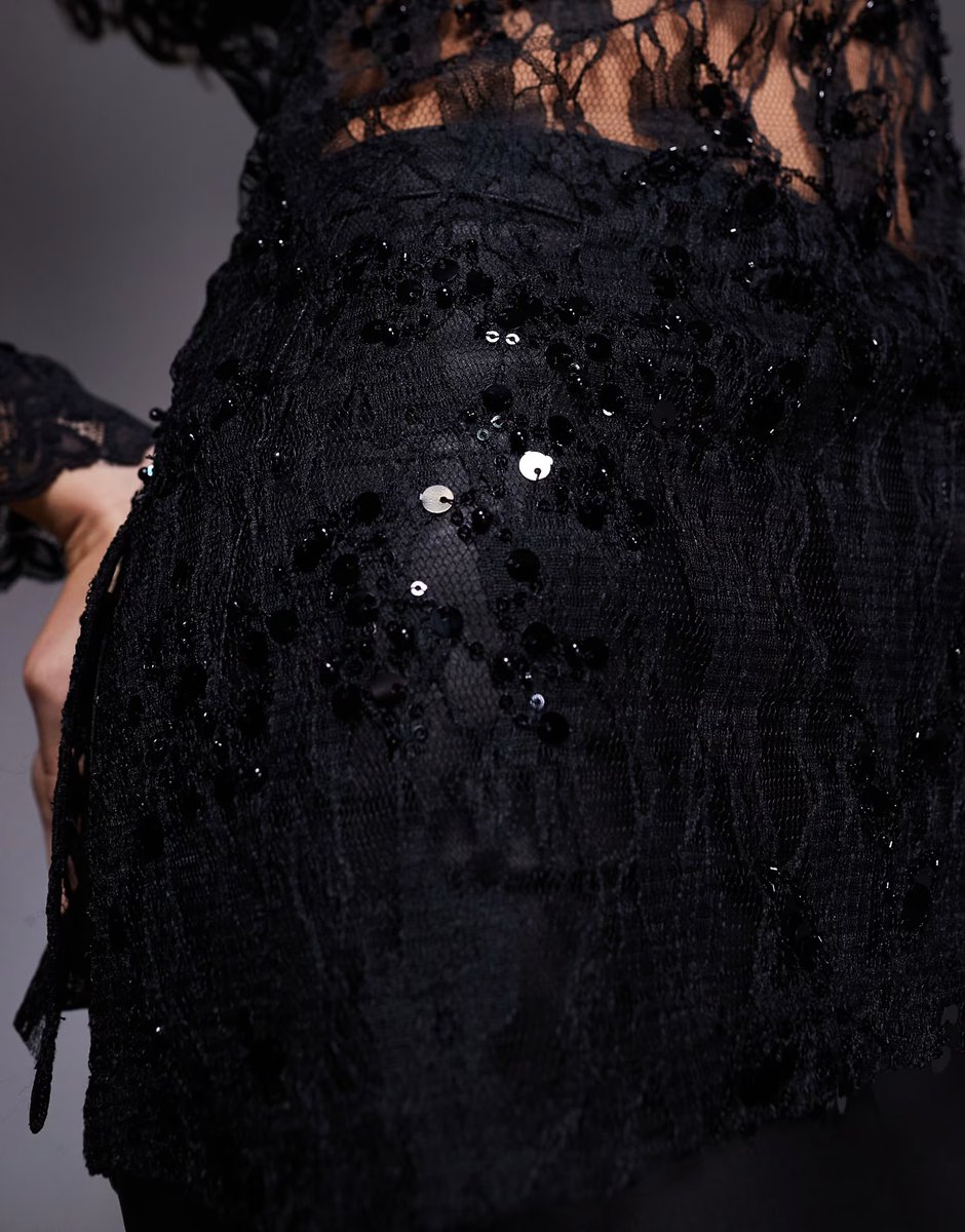 ASOS ASOS DESIGN delicate lace embellished square neck long line top in black - 3