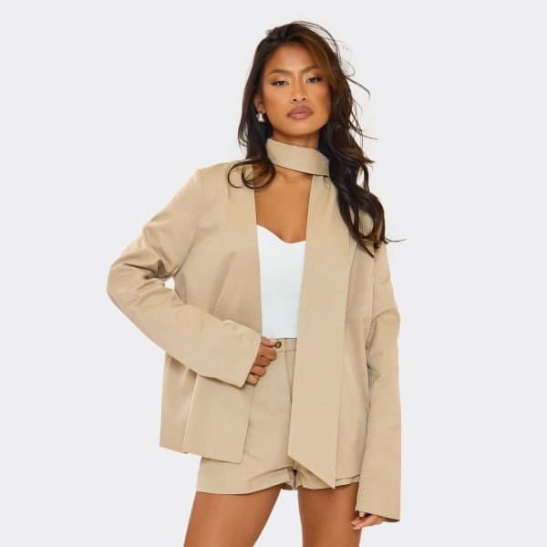 EGO Neck Tie Detail Oversized Open Blazer In Stone, Women's Size UK 6