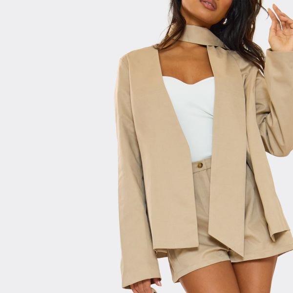 EGO Neck Tie Detail Oversized Open Blazer In Stone, Women's Size UK 6 - 2