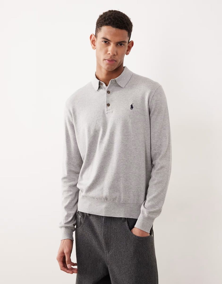 ASOS Polo Ralph Lauren icon logo cotton knit polo jumper in grey marl