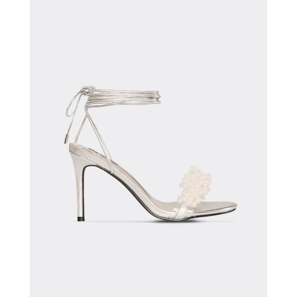 EGO String-Of-Pearls Lace Up Pearl Detail Stiletto Heel In Silver Faux Leather, Women's Size UK 3 - 2