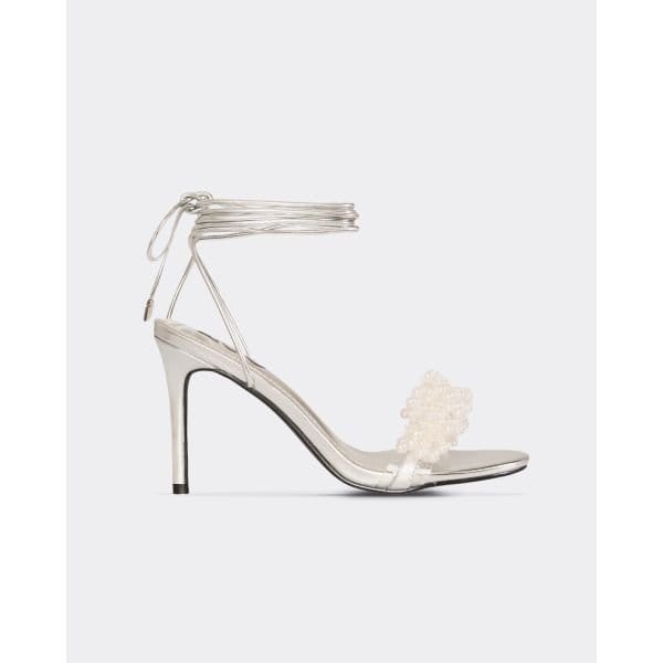 EGO String-Of-Pearls Lace Up Pearl Detail Stiletto Heel In Silver Faux Leather, Women's Size UK 3 - 2