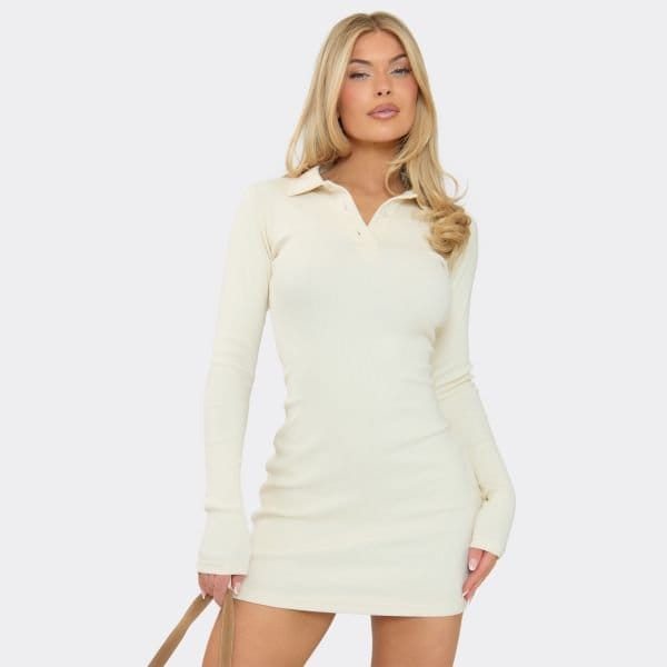 EGO Collared Button Front Mini Dress In Cream Rib, Women's Size UK 6 - 1