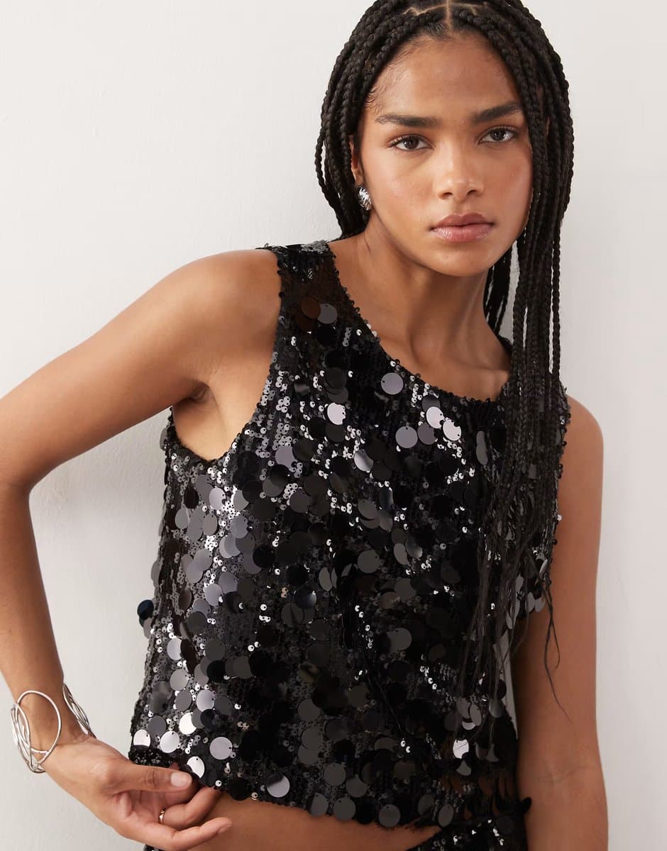 ASOS Noisy May disc sequin sleeveless crop top co-ord in black