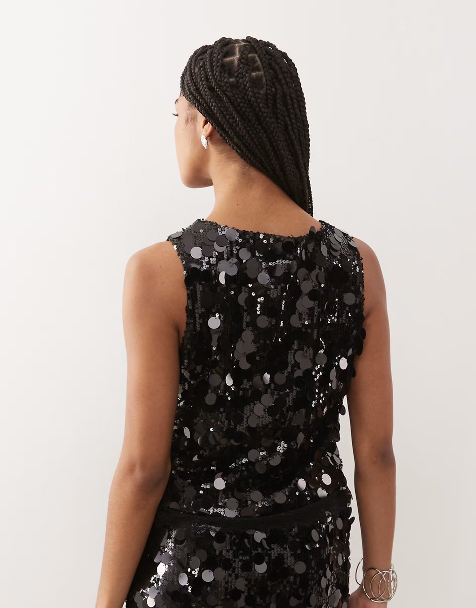 ASOS Noisy May disc sequin sleeveless crop top co-ord in black - 4
