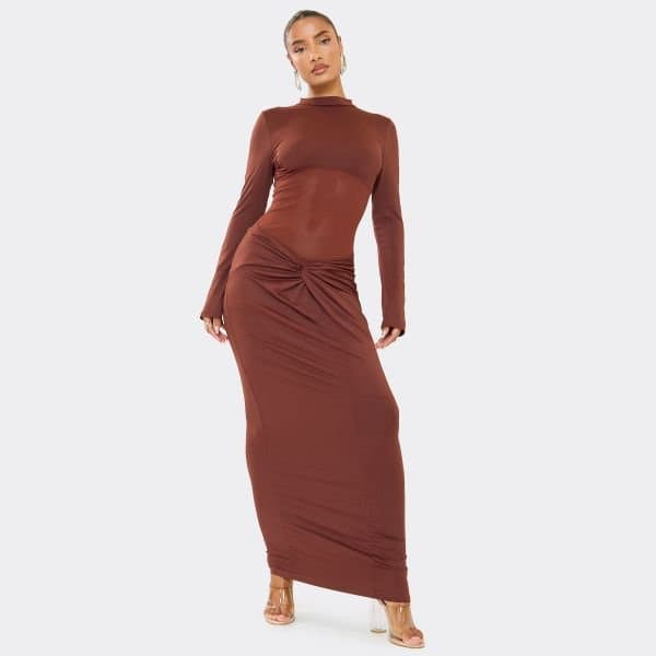 EGO High Neck Twist Detail Maxi Dress In Chocolate Brown, Women's Size UK Large L