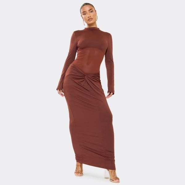 EGO High Neck Twist Detail Maxi Dress In Chocolate Brown, Women's Size UK Large L - 1