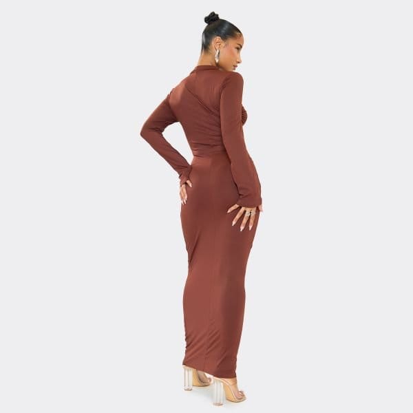 EGO High Neck Twist Detail Maxi Dress In Chocolate Brown, Women's Size UK Large L - 2