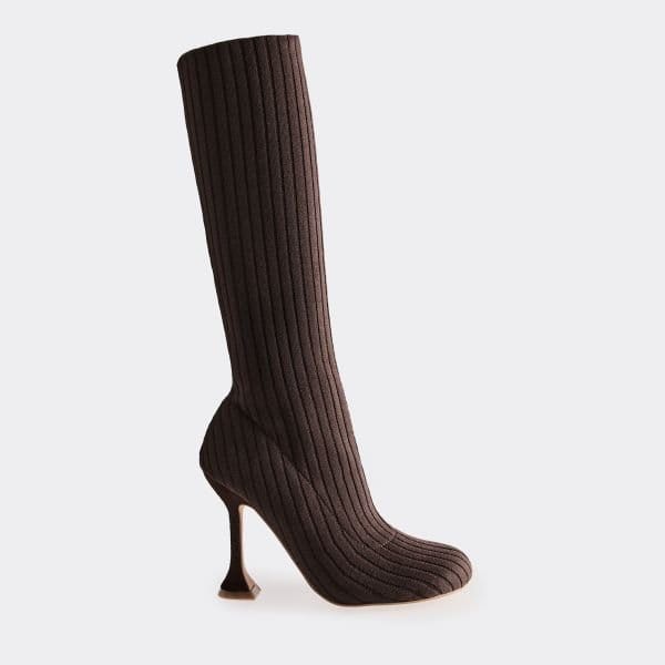 EGO Bunbun Ribbed Detail Knee High Heeled Sock Boot In Brown Knit, Women's Size UK 5 - 2