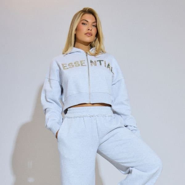 EGO Essential Camo Printed Graphic Detail Boxy Hoodie In Light Grey Marl, Women's Size UK 6