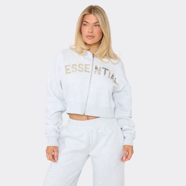 EGO Essential Camo Printed Graphic Detail Boxy Hoodie In Light Grey Marl, Women's Size UK 6 - 2