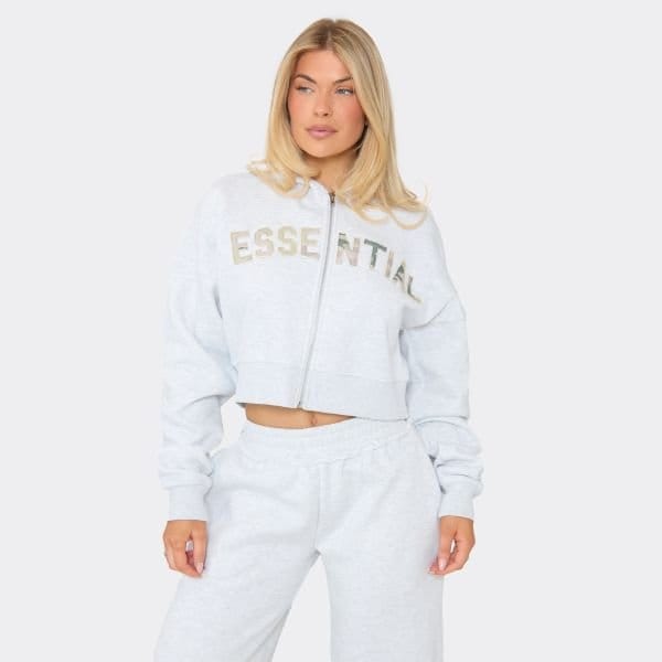 EGO Essential Camo Printed Graphic Detail Boxy Hoodie In Light Grey Marl, Women's Size UK 6 - 2