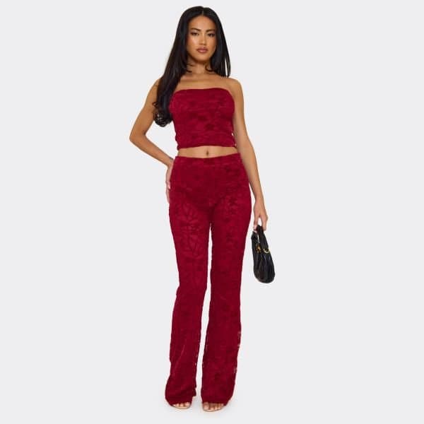 EGO Mid Rise Kick Flare Trousers In Burgundy Red Floral Lace, Women's Size UK 6