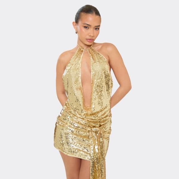 EGO Open Front Drape Detail Mini Dress In Gold Sequin, Women's Size UK 6