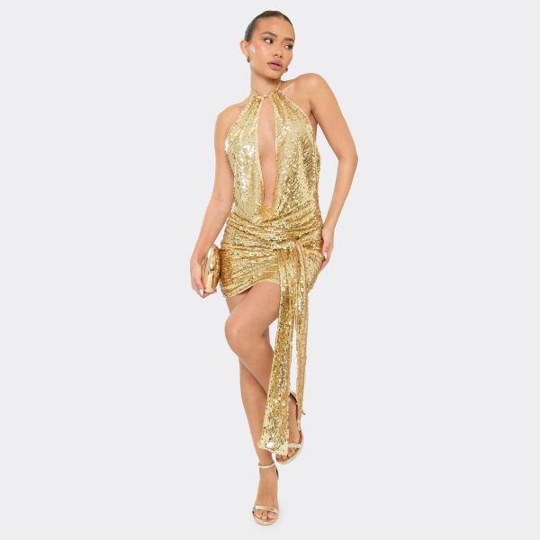 EGO Open Front Drape Detail Mini Dress In Gold Sequin, Women's Size UK 6 - 2