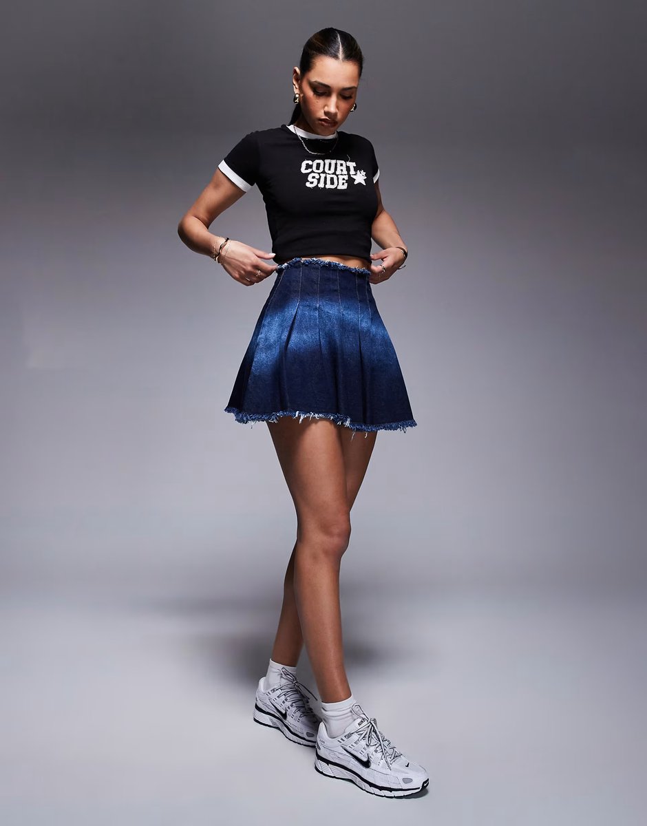 ASOS Courtside pleated denim mini skirt with stone wash detail in blue rinse  - 2