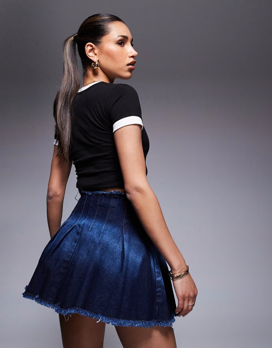 ASOS Courtside pleated denim mini skirt with stone wash detail in blue rinse  - 4