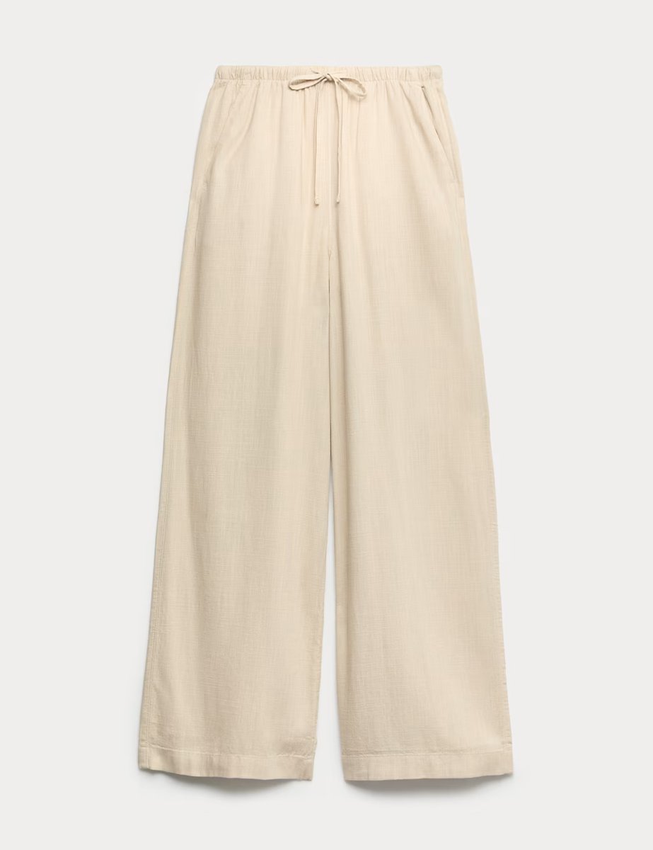 Marks & Spencer M&S Drawstring Wide Leg Trousers with Linen Beige - 2
