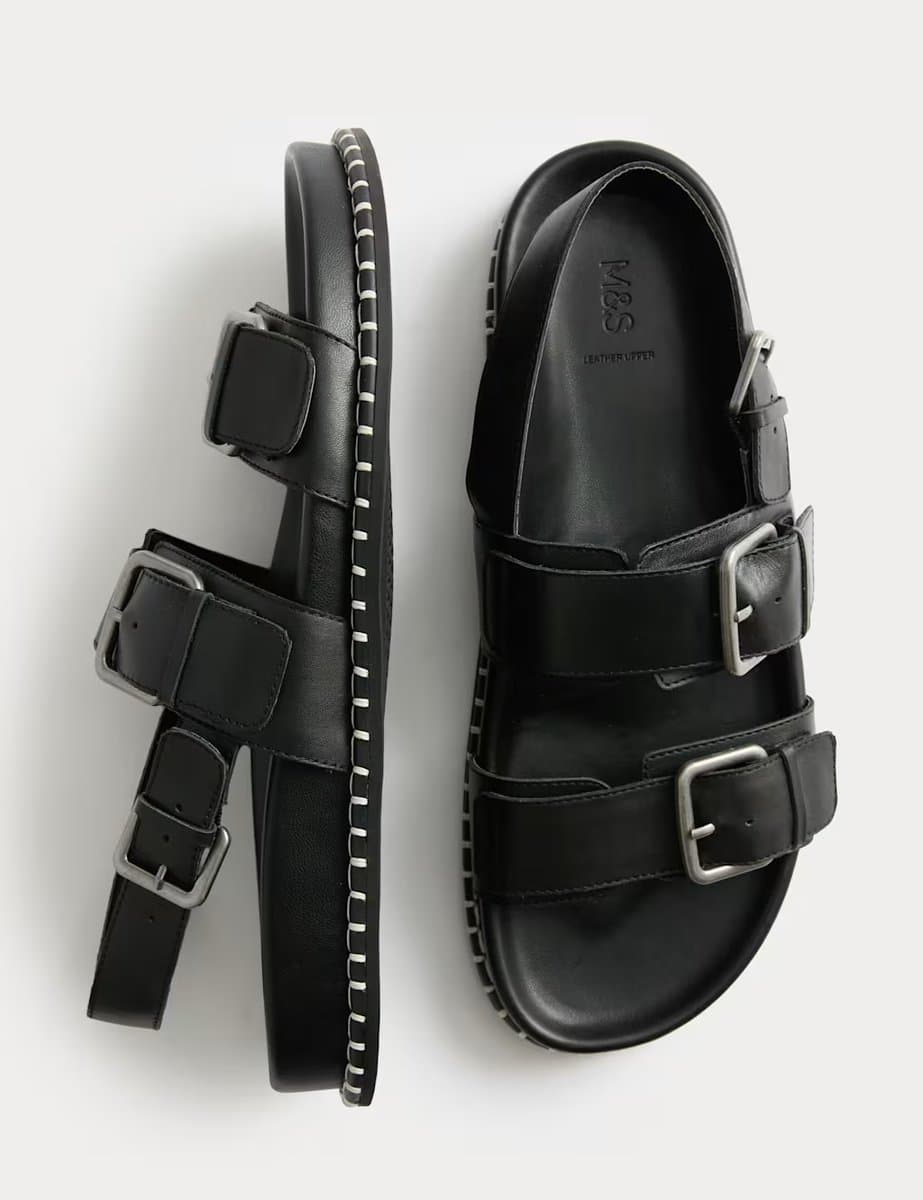 Marks & Spencer M&S Leather Double Buckle Footbed Sandals Black